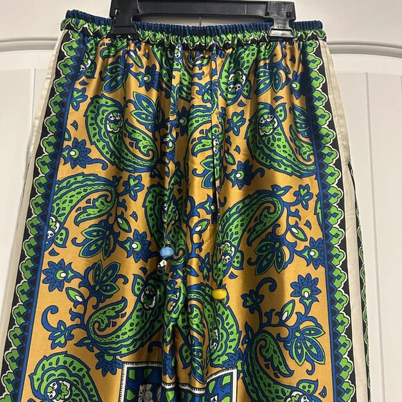 Zara Multicolor Green Blue Print Highwaisted Drawstring Pants Women’s Size M - Picture 3 of 15